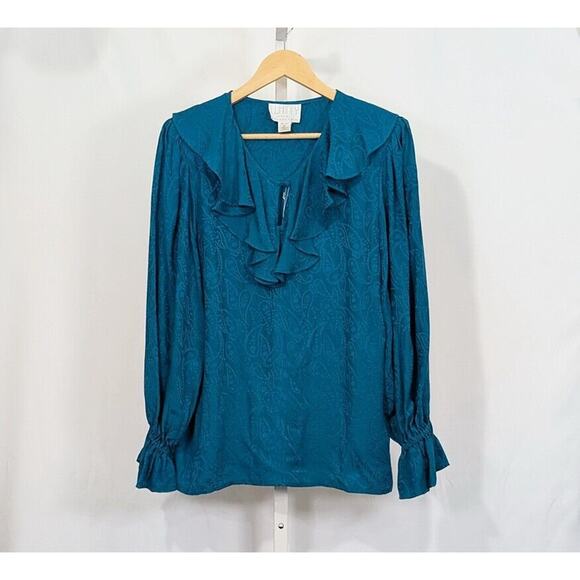 Vintage 90s Blouse Teal Green Silk Paisley Ruffle Top Shirt Misses Size M New - Picture 5 of 9